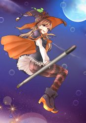 Rule 34 | 1girl, arashio (kancolle), arashio kai ni (kancolle), ass, black cape, black dress, black pantyhose, boots, brown eyes, brown hair, cape, commentary request, dress, frilled dress, frills, from below, halloween, halloween costume, hat, high heel boots, high heels, highres, kantai collection, kyou (tr-6), long hair, long sleeves, multicolored cape, multicolored clothes, night, night sky, orange cape, panties, panties under pantyhose, pantyhose, pinafore dress, riding, shirt, sidesaddle, sky, sleeveless, sleeveless dress, solo, striped clothes, striped pantyhose, torpedo, underwear, white panties, white shirt, witch, witch hat