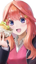 Rule 34 | 1girl, :d, ahoge, black jacket, blazer, blue eyes, blush, burger, commentary request, food, go-toubun no hanayome, hair between eyes, hair ornament, highres, holding, holding food, ishiyuki, jacket, long hair, looking at viewer, nakano itsuki, open mouth, red hair, red sweater, school uniform, shirt, smile, solo, star (symbol), star hair ornament, sweater, upper body, white shirt