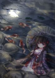 Rule 34 | 1girl, :o, animal, bad id, bad pixiv id, blue eyes, blunt bangs, blush, brown hair, cloud, collarbone, dress, earrings, fish, floral print, full moon, hair ribbon, happi, highres, holding, holding umbrella, japanese clothes, jewelry, koi, long hair, long sleeves, maka neko, moon, night, night sky, open clothes, open mouth, original, outdoors, parasol, red ribbon, reflection, ribbon, rock, sash, sky, solo, star (sky), starry sky, umbrella, upper body, water, white dress, wide sleeves