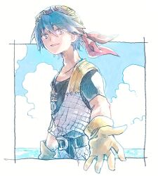 Rule 34 | 1boy, armor, bandana, belt, belt buckle, black belt, black shirt, blue hair, blue sky, border, brown gloves, buckle, chainmail, chrono cross, cloud, cloudy sky, gloves, hair between eyes, jewelry, looking at viewer, male focus, michibata 65, ocean, outdoors, outstretched hand, parted lips, pendant, purple eyes, red bandana, serge (chrono cross), shirt, short hair, short sleeves, sky, smile, solo, t-shirt, upper body, white border