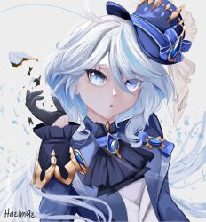 Rule 34 | 1girl, :o, ahoge, ascot, black gloves, blue ascot, blue bow, blue eyes, blue hair, blue hat, blue jacket, bow, brooch, colored inner hair, commentary request, furina (genshin impact), genshin impact, gloves, grey background, hand up, hat, hat bow, hazim (hazim9z), highres, jacket, jewelry, long hair, long sleeves, looking at viewer, multicolored hair, open clothes, open jacket, parted lips, shirt, solo, streaked hair, top hat, upper body, very long hair, white hair, white shirt