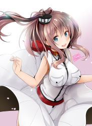 Rule 34 | 10s, 1girl, 2016, akatsuki hijiri, belt, blouse, blue eyes, breast pocket, breasts, brown hair, clothes lift, commentary request, dated, dress, dress lift, kantai collection, large breasts, long hair, looking at viewer, neckerchief, open mouth, pocket, ponytail, red belt, red neckerchief, saratoga (kancolle), shirt, side ponytail, smokestack, solo, twitter username, white dress, white shirt, wind, wind lift
