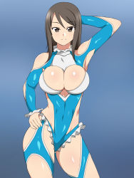 Rule 34 | 1girl, arm up, armpits, arms behind head, breasts, brown eyes, brown hair, clothing cutout, cosplay, cowboy shot, crossover, frilled leotard, frills, girls und panzer, hand on own hip, highleg, highleg leotard, highres, kagemusha, large breasts, leotard, long hair, looking at viewer, mika (girls und panzer), rainbow mika, solo