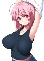 Rule 34 | 1girl, ahoge, alternate costume, armpits, arms up, bad id, bad twitter id, black tank top, breasts, collarbone, commentary request, covered navel, eyes visible through hair, hair between eyes, highres, impossible clothes, large breasts, looking at viewer, medium hair, nori tamago, pink hair, red eyes, saigyouji yuyuko, simple background, smile, solo, tank top, touhou, undressing, upper body, white background