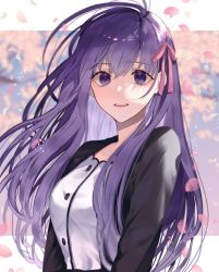 Rule 34 | 1girl, alternate hairstyle, black jacket, breasts, commentary request, fate/stay night, fate (series), hair ribbon, highres, jacket, long hair, looking at viewer, matou sakura, messy hair, official alternate costume, open clothes, open mouth, parted lips, petals, pink ribbon, purple eyes, purple hair, red ribbon, ribbon, shimatori (sanyyyy), shirt, smile, solo, teeth, upper body, upper teeth only, white shirt