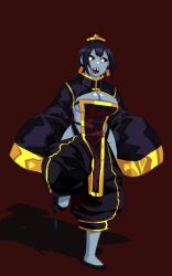 Rule 34 | 1girl, armorv1, black sclera, breasts, cleavage, colored sclera, colored skin, earrings, female focus, grey skin, hat, highres, hip vent, jewelry, jiangshi, large breasts, ofuda earrings, open mouth, red background, shadow, solo, standing, white eyes