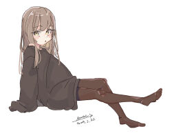 Rule 34 | 1girl, :o, arm support, black pantyhose, black shirt, blush, dated, eyelashes, feet, full body, grey hair, leaning back, long hair, long sleeves, looking at viewer, maze (gochama ze gohan), original, oversized clothes, oversized shirt, pantyhose, shirt, signature, simple background, sitting, sketch, sleeves past wrists, solo, variant set, white background