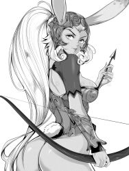 Rule 34 | 1girl, animal ears, arrow (projectile), artist name, ass, bow (weapon), breasts, commentary, dark-skinned female, dark skin, final fantasy, final fantasy xii, fran (ff12), greyscale, headpiece, high ponytail, highleg, highleg leotard, highres, holding, holding weapon, leotard, long hair, mandytsune, medium breasts, monochrome, parted lips, ponytail, rabbit ears, rabbit tail, shiny skin, short sleeves, simple background, smile, solo, tail, vambraces, viera, watermark, weapon, white background