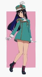 Rule 34 | 1girl, :o, aiguillette, ankle boots, arms at sides, bare legs, black footwear, black hair, blue eyes, blue hair, boots, dress, full body, gloves, green dress, green hat, hat, hibike! euphonium, highres, kamo kamen, kousaka reina, long sleeves, looking down, looking to the side, military, military uniform, parted lips, peaked cap, pink background, solo, standing, standing on one leg, two-tone background, uniform, white gloves