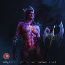 Rule 34 | 1girl, abs, anato finnstark, axe, baldur&#039;s gate, baldur&#039;s gate 3, battle axe, black nails, breasts, colored skin, commentary, demon girl, demon horns, dungeons &amp; dragons, english commentary, fog, gauntlets, glowing, glowing eyes, highres, horns, karlach, muscular, muscular female, patreon logo, patreon username, pointy ears, red skin, small breasts, solo, stomach tattoo, tattoo, toned, topless, watermark, weapon, web address, yellow eyes