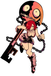 Rule 34 | 1girl, a.b.a, absurdres, bags under eyes, bandaged chest, bandages, bare shoulders, breasts, chain, fingerless gloves, gloves, green eyes, guilty gear, guilty gear xx, hair over one eye, highres, key, key in head, large breasts, looking at viewer, object through head, pale skin, paracelsus (guilty gear), red hair, short hair, stitched mouth, stitches, vakodraws
