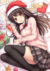Rule 34 | 1girl, bad id, bad pixiv id, black thighhighs, blush, bow, brown hair, christmas, christmas ornaments, christmas stocking, confetti, gift, hat, highres, long hair, lying, merry christmas, nakamura sumikage, no shoes, on bed, on side, original, red eyes, santa hat, school uniform, skirt, solo, christmas stocking, sweater, thighhighs