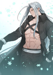 Rule 34 | 1boy, absurdres, bangle, black gloves, black jacket, black pants, bracelet, chest strap, closed mouth, collarbone, cowboy shot, final fantasy, final fantasy vii, final fantasy vii remake, gloves, green eyes, grey hair, highres, jacket, jewelry, long bangs, long hair, long sleeves, male focus, muscular, muscular male, none (kameko227), pants, parted bangs, pectorals, sephiroth, snowflakes, solo, straight hair, very long hair, white background