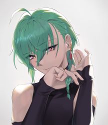 Rule 34 | 1other, androgynous, bare shoulders, bridal veil, gloves, green hair, highres, lempika, looking at viewer, nijisanji, other focus, parted lips, purple eyes, ryuushen, short hair, simple background, smile, solo, upper body, veil, virtual youtuber