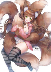 Rule 34 | 1girl, animal ear fluff, animal ears, artist name, black thighhighs, blush, breasts, brown hair, check copyright, commission, copyright request, dress, fluffy, fox, fox ears, fox tail, green eyes, hugging own tail, hugging tail, jacket, kitsune, large breasts, long hair, long sleeves, looking at viewer, open mouth, original, pink jacket, plushmallow, roang, simple background, smile, solo, tail, tail grab, thighhighs, very long hair, white background, white dress