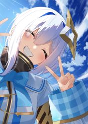 Rule 34 | 1girl, absurdres, amane kanata, blue bow, blue bowtie, blue sky, bow, bowtie, closed eyes, cloud, double v, facing viewer, grin, halo, highres, hololive, jacket, long sleeves, multicolored hair, shima46, sky, smile, solo, star halo, streaked hair, turtleneck, v, virtual youtuber, white hair, white jacket, wide sleeves
