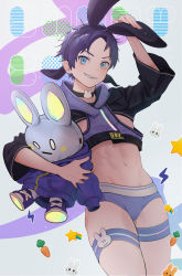Rule 34 | 1boy, animal ears, black choker, blue eyes, briefs, chip ice, choker, fake animal ears, highres, holding, holding stuffed toy, legband, looking at viewer, male focus, male underwear, navel, original, purple hair, purple male underwear, rabbit ears, short hair, shrug (clothing), smile, solo, stuffed toy, thick thighs, thighs, underwear, wide sleeves