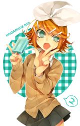 Rule 34 | 1girl, absurdres, black skirt, blazer, blonde hair, blue eyes, bow, character name, double v, fang, food, hair bow, hair ornament, hairclip, haru (oomr005), highres, holding, jacket, kagamine rin, long sleeves, open mouth, plaid, pleated skirt, popsicle, short hair, simple background, skirt, solo, two-tone background, v, vocaloid, white bow