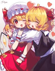 Rule 34 | 2girls, absurdres, ascot, blonde hair, closed eyes, crystal wings, dress, flandre scarlet, frills, hair ribbon, heart, highres, hxj (2324184595), medium hair, multiple girls, one eye closed, open mouth, red dress, red ribbon, ribbon, rumia, short hair, side ponytail, touhou, wrist cuffs, yellow ascot