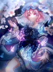 Rule 34 | 1girl, blurry, bug, butterfly, cherry blossoms, depth of field, frills, hat, highres, insect, japanese clothes, long sleeves, mob cap, neck ribbon, pink eyes, pink hair, ribbon, saigyouji yuyuko, sash, short hair, solo, sumishiro 8070, touhou, triangular headpiece, wide sleeves