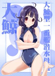 Rule 34 | 10s, 1girl, absurdres, breasts, cleavage, front zipper swimsuit, highres, kantai collection, long hair, low twintails, meme attire, neko danshaku, one-piece swimsuit, purple hair, red eyes, sitting, swimsuit, taigei (kancolle), twintails, wariza