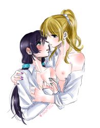Rule 34 | 2girls, absurdres, airen, ayase eli, blonde hair, blue eyes, blush, breasts, collared shirt, couple, eye contact, green eyes, hair ornament, highres, imminent kiss, looking at another, love live!, love live! school idol project, multiple girls, nipples, purple hair, scrunchie, shirt, tojo nozomi, twintails, yuri