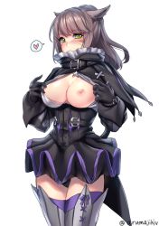 Rule 34 | 10s, 1girl, animal ears, aruma jiki, black dress, black gloves, black panties, blush, boots, breasts, brown hair, buckle, cat ears, cat tail, covering own mouth, cowboy shot, dress, facial mark, final fantasy, final fantasy xiv, gloves, green eyes, grey footwear, heart, long hair, long sleeves, looking at viewer, miqo&#039;te, nipples, one breast out, panties, pantyshot, solo, speech bubble, spoken heart, standing, star (symbol), tail, thigh boots, thighhighs, turtleneck, underwear, undressing, warrior of light (ff14), whisker markings, zettai ryouiki
