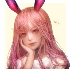 Rule 34 | 1girl, animal ears, artist name, blush, closed mouth, erendira, eyelashes, food-themed hair ornament, hair ornament, hand on own cheek, hand on own face, head rest, head tilt, highres, indie virtual youtuber, lips, long hair, looking at viewer, portrait, rabbit ears, shal.e, shirt, simple background, smile, solo, strawberry hair ornament, upper body, virtual youtuber, white shirt, yellow background