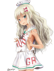 Rule 34 | 1girl, akino shuu, blonde hair, blush, bow, commentary request, cowboy shot, dress, grecale (kancolle), green eyes, hair bow, jewelry, kantai collection, long hair, pink bow, ring, sailor collar, sailor dress, simple background, sleeveless, sleeveless dress, solo, tongue, tongue out, twitter username, wedding band, white background, white dress, white sailor collar