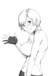 Rule 34 | 1girl, alvina (dyun), armpit peek, bad id, bad pixiv id, bare shoulders, black gloves, breasts, dyun, fingerless gloves, gloves, greyscale, hair ornament, hairclip, large breasts, leotard, lineart, looking at viewer, mole, mole under eye, monochrome, original, short hair, sidelocks, simple background, smile, solo, swept bangs, upper body, waving, white background, white leotard