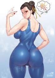 Rule 34 | 1girl, artist name, ass, black hair, breasts, brown eyes, cameltoe, capcom, chun-li, cleft of venus, double bun, eyeliner, fanning self, from behind, gonster, gradient background, hair bun, highres, large breasts, looking at viewer, looking back, makeup, red nails, shiny skin, skin tight, solo, speech bubble, steaming body, street fighter, street fighter 6, sweat