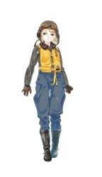 Rule 34 | 1girl, aviator cap, black footwear, blonde hair, blue eyes, boots, brown gloves, formation girls, full body, gloves, goggles, goggles on headwear, gunnhild lutzow, highres, kamura poku, looking at viewer, official art, solo, standing, transparent background, vest, yellow vest