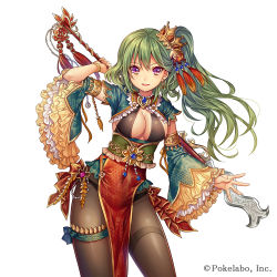 Rule 34 | 1girl, black panties, black pantyhose, bracelet, breasts, cleavage, company name, covered navel, cowboy shot, detached sleeves, earrings, eyebrows, frilled sleeves, frills, green hair, hair ornament, holding, holding weapon, jewelry, long hair, looking at viewer, madogawa, medium breasts, necklace, official art, panties, pantyhose, polearm, purple eyes, ribbon, sangoku infinity, side ponytail, simple background, solo, spear, tassel, thighlet, underwear, weapon, white background, wide sleeves