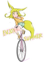 Rule 34 | 1girl, absurdres, animal ears, blonde hair, clothes writing, commentary request, doitsuken, english text, fluffy, food, fox child (doitsuken), fox ears, fox tail, fur trim, green shorts, hand up, highres, holding, long sleeves, orange footwear, original, popsicle, shoes, shorts, simple background, socks, solo, striped clothes, striped socks, tail, thick eyebrows, unicycle, white background