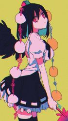 Rule 34 | 1girl, black hair, black skirt, black thighhighs, black wings, breasts, busujima (kusahana), chromatic aberration, colored inner hair, cowboy shot, feathered wings, from side, hair between eyes, hand fan, hat, hauchiwa, highres, holding, holding fan, looking at viewer, medium breasts, medium hair, multicolored hair, one-hour drawing challenge, pom pom (clothes), red eyes, red hat, shameimaru aya, shirt, short sleeves, skirt, solo, thighhighs, tokin hat, touhou, white shirt, wings, yellow background
