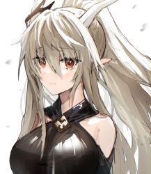 Rule 34 | arknights, bare shoulders, black one-piece swimsuit, blonde hair, breasts, casual one-piece swimsuit, closed mouth, hair between eyes, highres, hood, horn/wood, large breasts, long hair, looking at viewer, official alternate costume, one-piece swimsuit, pointy ears, ponytail, red eyes, shining (arknights), shining (silent night) (arknights), simple background, swimsuit, very long hair, white background