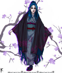 Rule 34 | 1girl, alternate costume, artist name, belt, blue hair, bow, branch, ear piercing, floral background, floral print, grey kimono, hand tattoo, highres, japanese clothes, jinx (league of legends), kimono, koiarts, league of legends, long hair, looking at viewer, mouth piercing, piercing, red bow, red eyes, red lips, sandals, socks, solo, tattoo, twitter logo, very long hair, white background, wide sleeves