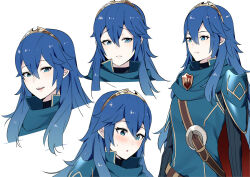 Rule 34 | 1girl, :o, ameno (a meno0), armor, black sweater, blue cape, blue eyes, blue hair, blush, cape, closed mouth, fire emblem, fire emblem awakening, hair between eyes, long sleeves, looking at viewer, lucina (fire emblem), multiple views, nintendo, pauldrons, red cape, ribbed sweater, shoulder armor, simple background, smile, sweatdrop, sweater, teeth, tiara, turtleneck, turtleneck sweater, two-tone cape, upper teeth only, white background