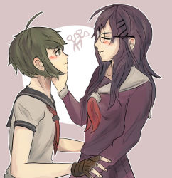 Rule 34 | 2girls, ahoge, blush, brown hair, closed eyes, closed mouth, coat, danganronpa (series), danganronpa another episode: ultra despair girls, dress, ears, female focus, fingerless gloves, fingernails, fukawa toko, gloves, green eyes, hair ornament, hairclip, hand on another&#039;s arm, hand on another&#039;s face, hand on another&#039;s head, hand up, highres, long sleeves, looking at another, looking up, multicolored clothes, multicolored hair, multiple girls, naegi komaru, pink background, pleated dress, purple coat, purple dress, purple hair, red scarf, scard, scarf, short sleeves, simple background, wavy mouth, white background, white coat, yuri