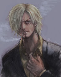 Rule 34 | 1boy, beard, blonde hair, boyaking, cigarette, collar loosening, facial hair, formal, hair over one eye, jacket, male focus, manly, mustache, one piece, pirate, sanji (one piece), smoking, solo, suit