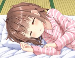 Rule 34 | 10s, 1girl, blush, brown hair, closed eyes, commentary request, fang, futon, ikazuchi (kancolle), jewelry, kantai collection, long sleeves, lying, on side, open mouth, pajamas, pillow, ring, short hair, sleeping, solo, striped clothes, striped pajamas, tatami, tsunsuki (naobe009), wedding band