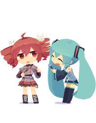 Rule 34 | 2girls, absurdres, ahoge, black skirt, black thighhighs, blue hair, blue necktie, blush, chibi, closed eyes, detached sleeves, drill hair, facing another, hatsune miku, highres, holding, holding microphone, kasane teto, kasane teto (sv), konohoshi, long hair, long sleeves, looking at another, microphone, multiple girls, necktie, open mouth, pink eyes, pink hair, pleated skirt, short hair, simple background, skirt, smile, thighhighs, tie clip, twin drills, twintails, utau, vocaloid, white background