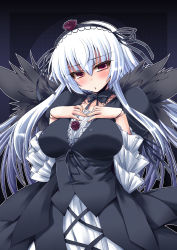 Rule 34 | 00s, 1girl, black wings, blush, breasts, doll joints, dress, flower, frills, gothic lolita, hands on own chest, highres, joints, large breasts, lolita fashion, long hair, looking at viewer, open mouth, purple eyes, rose, rozen maiden, shinshin, silver hair, solo, suigintou, wings
