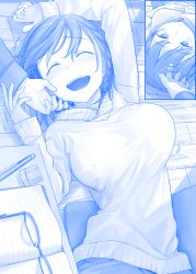 Rule 34 | 1girl, :d, ^ ^, ai-chan (tawawa), arm up, blue eyes, blue theme, blush, braid, breasts, closed eyes, comic, getsuyoubi no tawawa, glasses, himura kiseki, indoors, large breasts, laughing, long sleeves, lying, monochrome, multiple views, on back, open mouth, ruffling hair, short hair, side braid, silent comic, sleeves past wrists, smile, sweater, tickling, tickling face