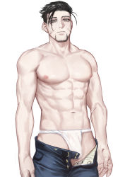 Rule 34 | 1boy, abs, bara, black eyes, black hair, blue pants, bulge, derivative work, expressionless, facial scar, fundoshi, golden kamuy, hair slicked back, hair strand, highres, japanese clothes, looking at viewer, male focus, male underwear, midomido, navel, nipples, ogata hyakunosuke, pants, parody request, pectorals, scar, scar on cheek, scar on face, short hair, solo, stomach, toned, toned male, topless male, undercut, underwear, white male underwear
