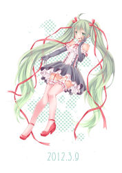 Rule 34 | 10s, 1girl, 2012, ahoge, bare shoulders, dated, elbow gloves, frilled thighhighs, frills, garter straps, gloves, green eyes, green hair, hair ribbon, hand on own face, hatsune miku, high heels, highres, long hair, matching hair/eyes, open mouth, petticoat, pink thighhighs, ribbon, shoes, skirt, solo, thighhighs, twintails, very long hair, vocaloid, yayoi (egoistic realism)