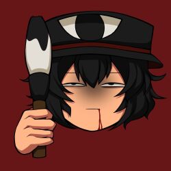 Rule 34 | 1jumangoku, 1other, androgynous, bags under eyes, black eyes, black hair, black hat, blood, blood from mouth, calligraphy brush, closed mouth, commentary, enraku tsubakura, expressionless, eye of senri, half-closed eyes, hat, head only, highres, holding, holding calligraphy brush, holding paintbrush, ink, len&#039;en, messy hair, other focus, paintbrush, red background, shaded face, short hair, simple background, solo, straight-on, top hat