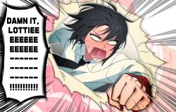 Rule 34 | 1boy, angry, black hair, black necktie, blank eyes, clenched hand, collared shirt, english text, highres, necktie, open mouth, porong002, punching, shirt, short hair, shouting, solo, spy x family, white shirt, yuri briar