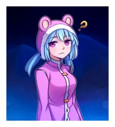Rule 34 | 1girl, :&lt;, ?, animal hood, blue hair, coat, commentary, english commentary, eyes visible through hair, fur-trimmed hood, fur trim, fur trimm, hood, long hair, long sleeves, looking at viewer, low twintails, nixie (rabi ribi), outline, pink coat, pink eyes, rabi-ribi, solo, speckticuls, twintails, upper body, white outline