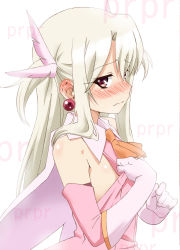 Rule 34 | 1girl, bare shoulders, blush, cape, clothes pull, ear blush, earrings, elbow gloves, embarrassed, fate/kaleid liner prisma illya, fate (series), feather hair ornament, feathers, ginmaru, gloves, hair ornament, hand on own chest, illyasviel von einzbern, jewelry, long hair, looking at viewer, looking to the side, prisma illya, profile, purple eyes, shirt pull, silver hair, simple background, sleeveless, solo, text focus, white background